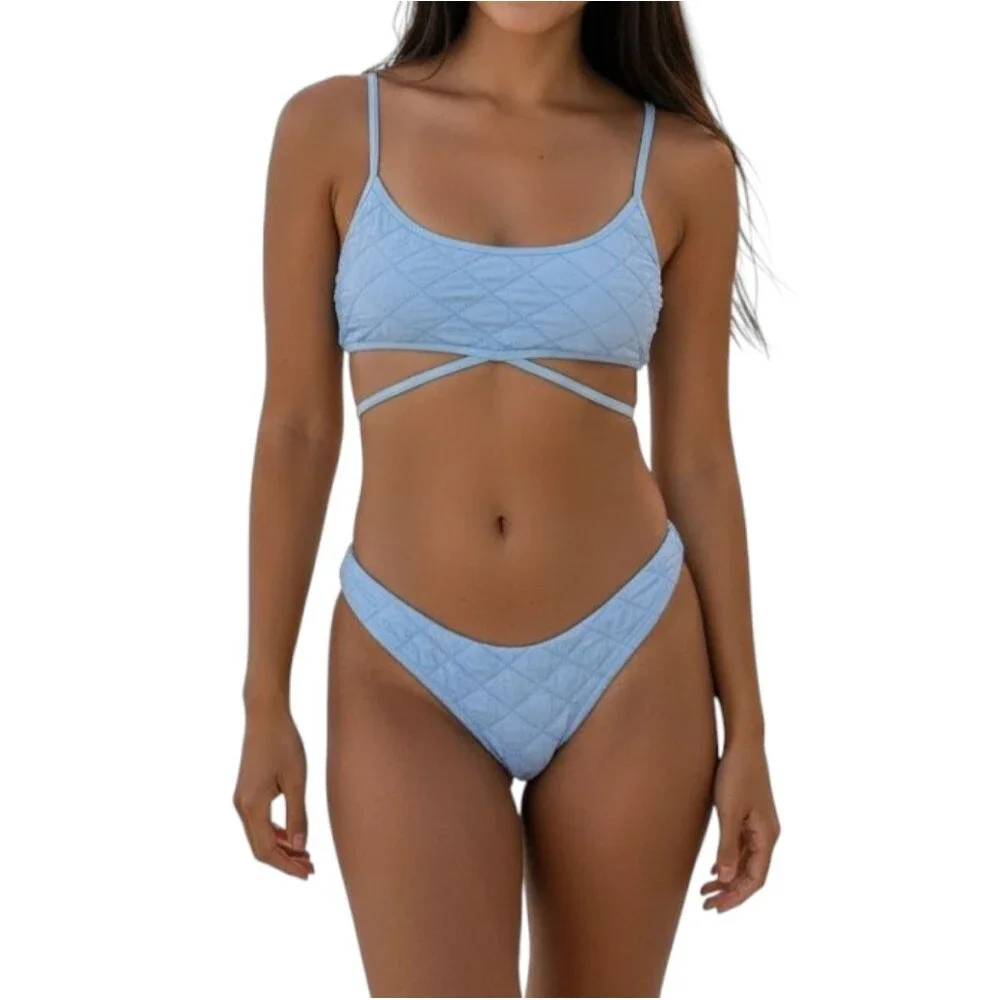 NEW Frankies Bikinis Katarina Waco & Dawson Cheeky Bikini Set in Baby Blue Large